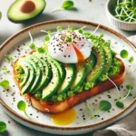 A plate of fresh avocado toast with sesame seeds and poached egg, vibrant and healthy Keywords healthy, vibrant, brunch